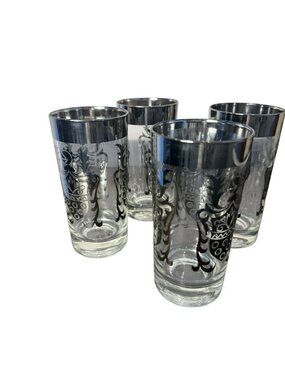 Vintage Kimiko Silver Knight Shield Highball Drinking Glasses Set of 4  Signed